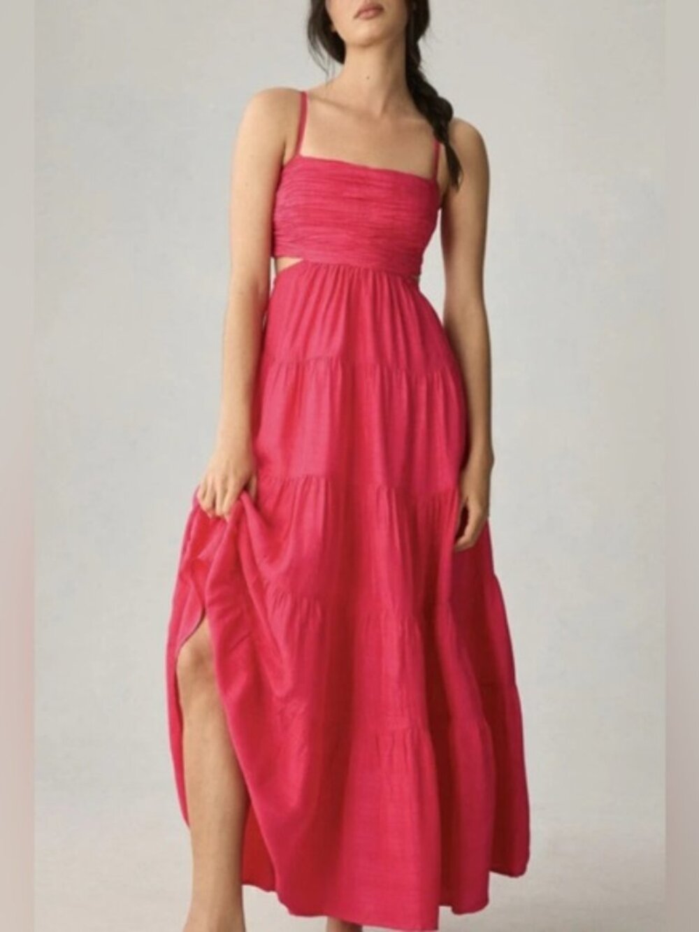 Anthropologie $190 Let Me Be Cut Out Tiered Hot‎ Pink Maxi Dress Boho Barbiecore